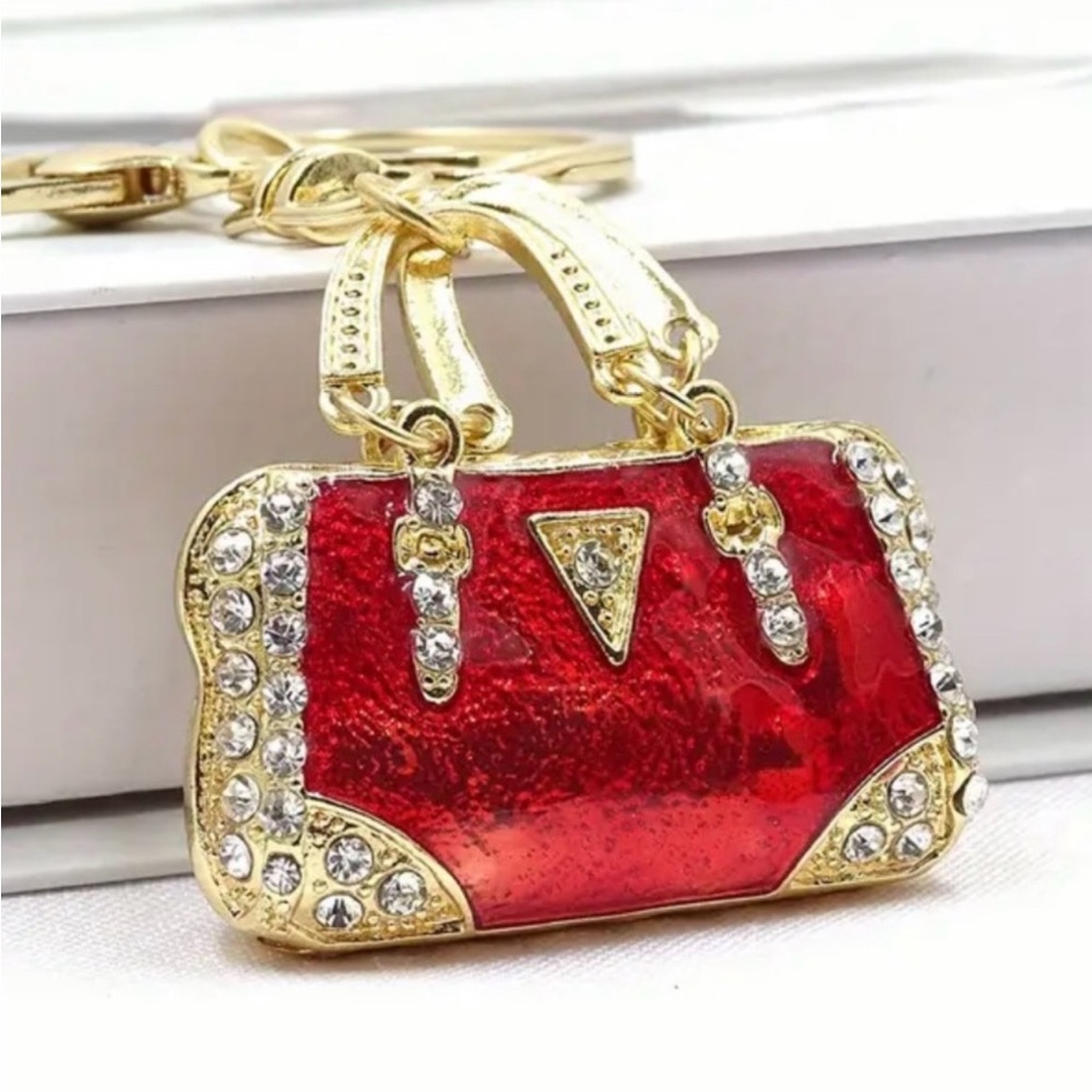 New red enamel bag charm keychain with crystals